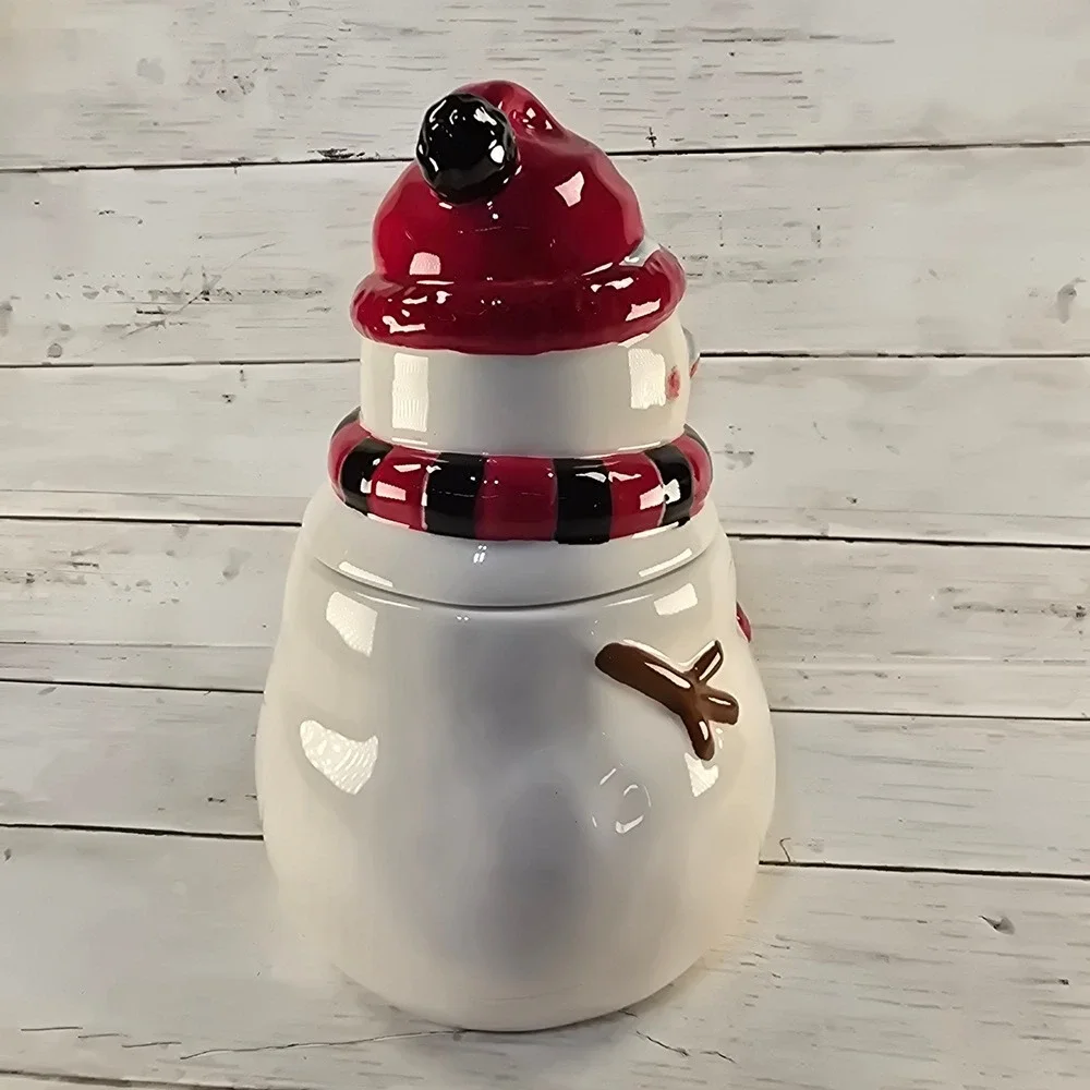 Pier 1 Imports Snowman Cookie Jar Hand Painted Dolomite Red Black Scarf 9.5in